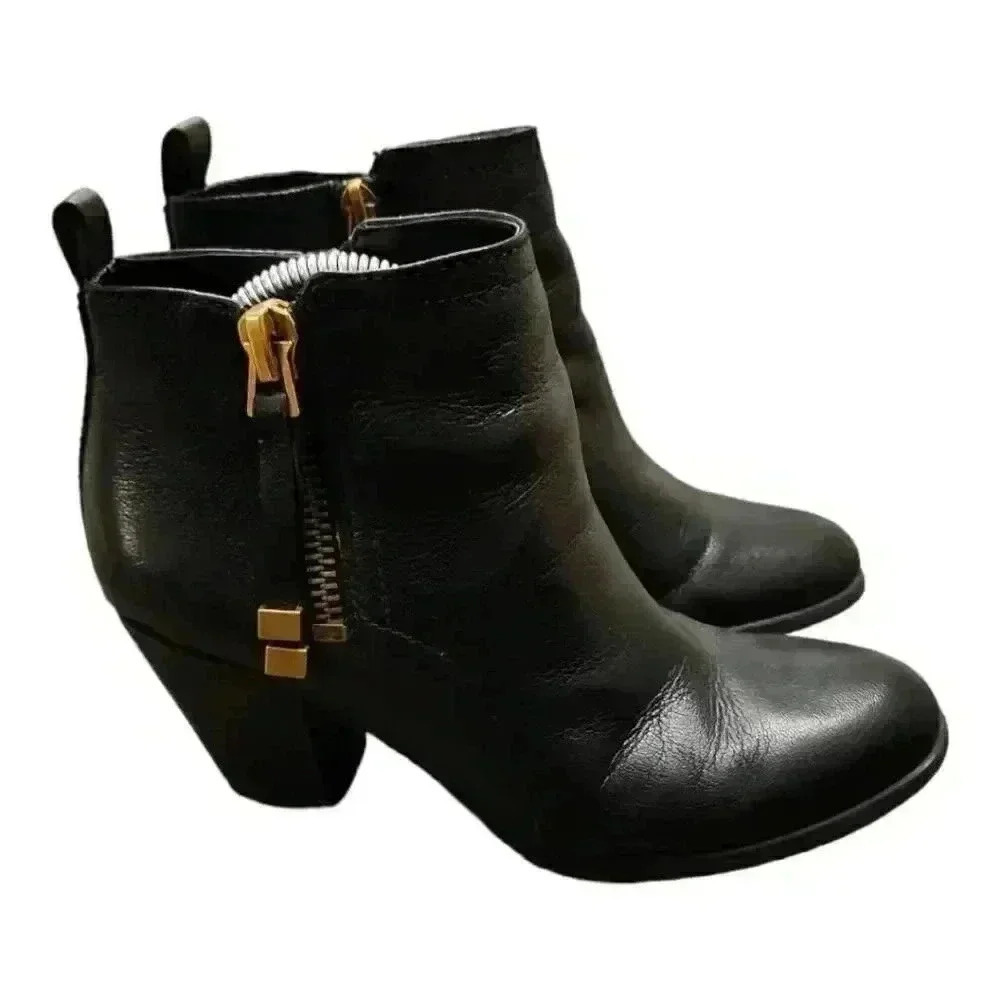 Franco Sarto Women's Ankle Boots 3" Heels Almond Toe Leather Black Size 6.5